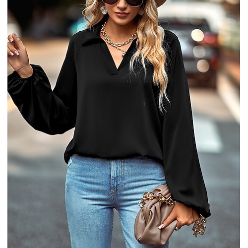 

Women's Blouse Shirt Black Blue Red Plain Long Sleeve Casual Basic Shirt Collar Regular S