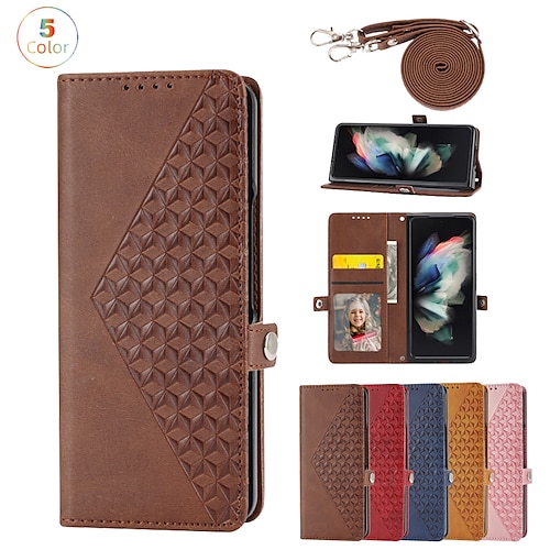 

Phone Case For Samsung Galaxy Handbag Purse Wallet Card Flip Z Fold 4 Z Fold 3 with Removable Cross Body Strap Card Holder Slots Kickstand Solid Colored Geometric Pattern PU Leather