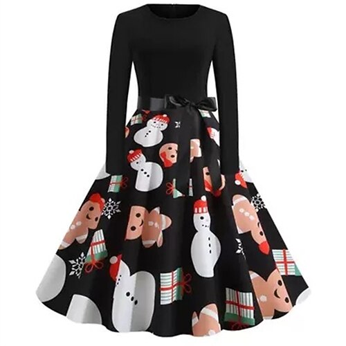

Women's Swing Dress Mini Dress Black Red White Long Sleeve Snowman Patchwork Winter Fall Autumn Crew Neck Modern Christmas Vacation Weekend 2022 S M L XL XXL