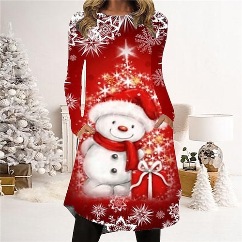 

Women's Christmas Casual Dress T Shirt Dress Tee Dress Shift Dress Mini Dress Red Long Sleeve Snowman Pocket Winter Fall Autumn Crew Neck Fashion Christmas Daily 2022 S M L XL XXL 3XL