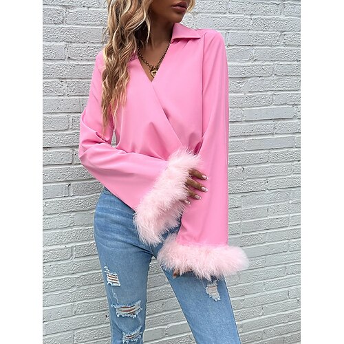 

Women's Bodysuit Pink Plain Long Sleeve Casual Basic Shirt Collar S
