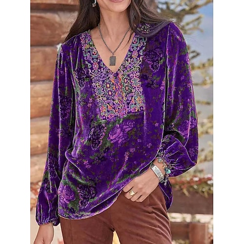 

Women's Blouse Shirt Blue Purple Yellow Floral Print Long Sleeve Party Christmas Basic V Neck Regular Velvet Floral S