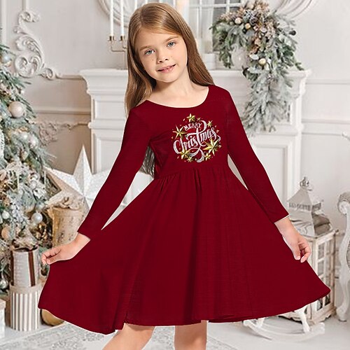 

Kids Girls' Christmas Dress Letter Casual Dress Above Knee Dress Christmas Gifts Crewneck Crew Neck Long Sleeve Adorable Dress 3-10 Years Winter Wine