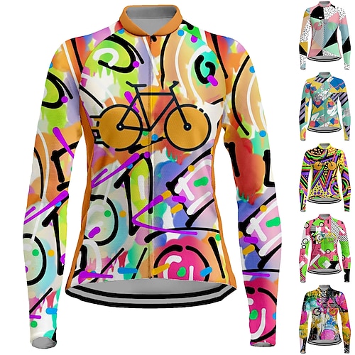 

21Grams Women's Cycling Jersey Long Sleeve Bike Jersey Top with 3 Rear Pockets Mountain Bike MTB Road Bike Cycling Breathable Quick Dry Moisture Wicking Reflective Strips Green Purple Yellow Graphic