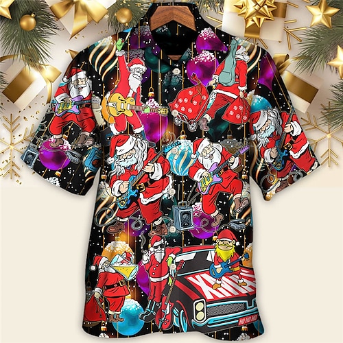 

Men's Shirt Santa Claus Graphic Prints Turndown Black Rainbow 3D Print Christmas Street Short Sleeve Button-Down Print Clothing Apparel Fashion Designer Casual Breathable