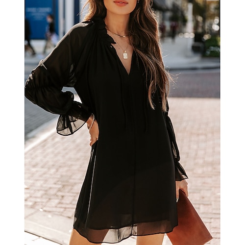 

Women's Casual Dress Red Dress Mini Dress Black Dark Green Red Long Sleeve Pure Color Ruched Fall Autumn Deep V Basic Weekend Mesh S M L XL