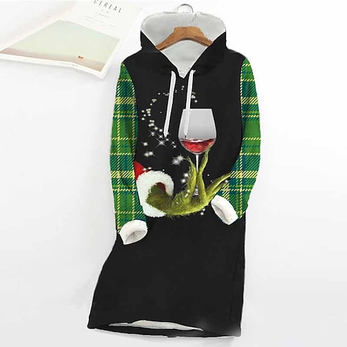 

Women's Christmas Casual Dress Hoodie Dress Shift Dress Mini Dress Green Light Red Red Long Sleeve Plaid Print Fall Spring Autumn Hooded Fashion Christmas Daily Date Loose Fit 2022 S M L XL XXL 3XL