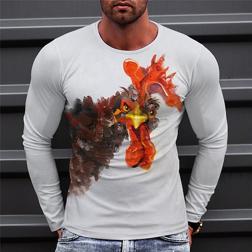 

Men's T shirt Tee Animal Graphic Prints Chicken Crew Neck WhiteRed Red / White White 3D Print Outdoor Street Long Sleeve Print Clothing Apparel Basic Sports Designer Casual