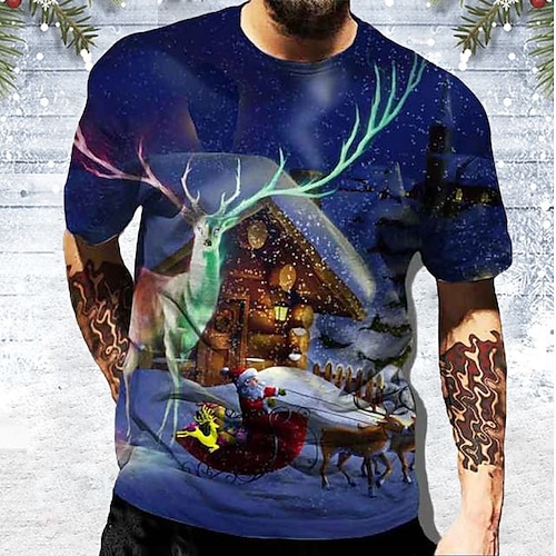 

Men's T shirt Tee Santa Claus Graphic Prints House Crew Neck Black Royal Blue Red White 3D Print Outdoor Christmas Short Sleeve Print Clothing Apparel Sports Designer Casual