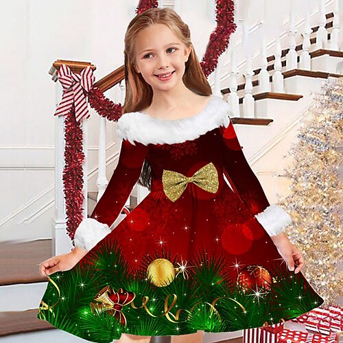 

Kids Girls' Christmas Dress Graphic Casual Dress Above Knee Dress Christmas Gifts Fur Trim Crew Neck Long Sleeve Adorable Dress 2-13 Years Winter Wine Red