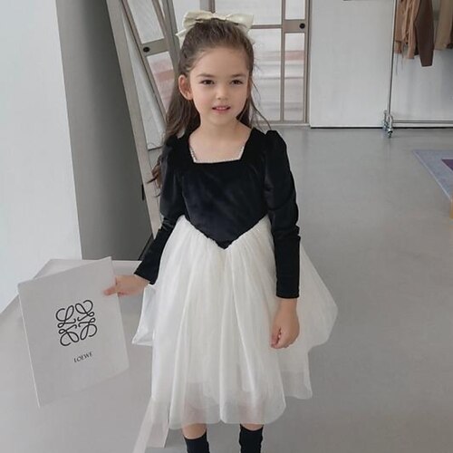 

Kids Girls' Dress Solid Color A Line Dress Knee-length Dress Outdoor Long Sleeve Active Dress 3-7 Years Winter Black