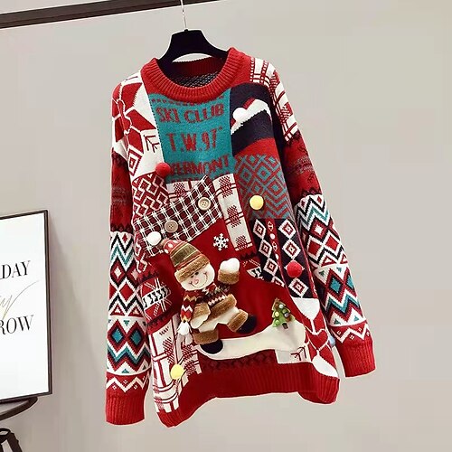 

Women's Ugly Christmas Sweater Pullover Sweater Jumper Ribbed Knit Knitted Geometric Crew Neck Stylish Casual Outdoor Christmas Winter Fall Red White One-Size