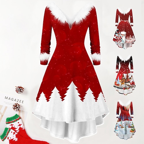 

Women's Christmas Casual Dress Swing Dress Midi Dress Wine Fuchsia Red White Long Sleeve Santa Claus Snowman Tree Feather Print Winter Fall V Neck Vintage Elegant Fall Dress 2022 S M L XL