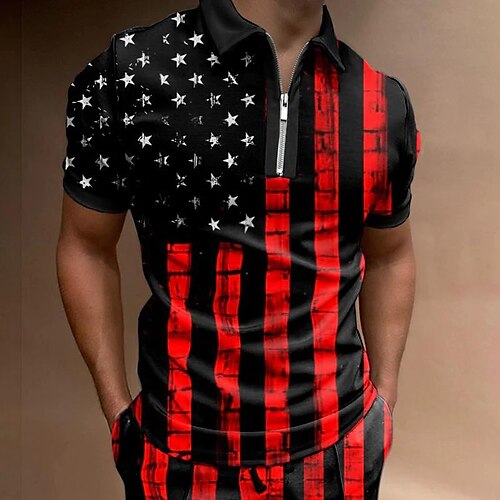 

Men's Collar Polo Shirt Golf Shirt Graphic Prints National Flag Turndown Red 3D Print Outdoor Street Short Sleeves Zipper Print Clothing Apparel Fashion Designer Casual Breathable
