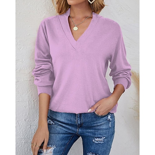 

Women's Blouse Shirt Undershirt Bottoming Shirt Green Purple Grey Plain Long Sleeve Casual Basic V Neck Regular S