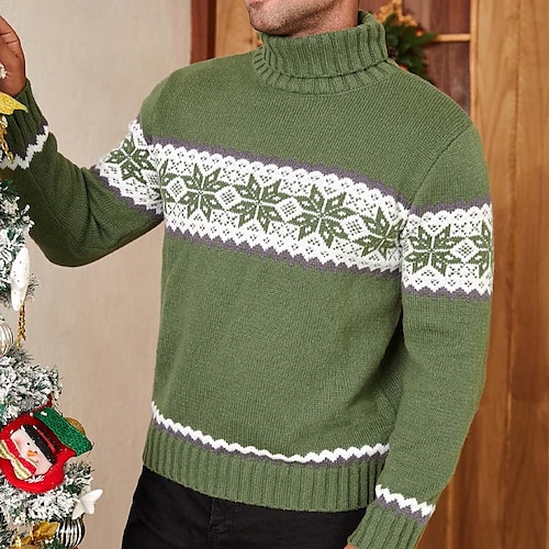 

Men's Sweater Ugly Christmas Sweater Pullover Sweater Jumper Ribbed Knit Cropped Knitted Snowflake Turtleneck Keep Warm Modern Contemporary Christmas Work Clothing Apparel Fall & Winter Green S M L