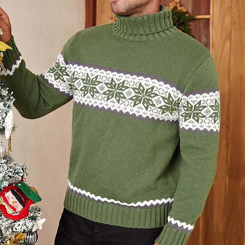 

Men's Sweater Ugly Christmas Sweater Pullover Sweater Jumper Ribbed Knit Cropped Knitted Snowflake Turtleneck Keep Warm Modern Contemporary Christmas Work Clothing Apparel Fall & Winter Green S M L