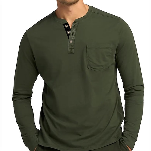 

Men's Henley Shirt Solid Color Henley Olive Green Work Daily Long Sleeve Clothing Apparel Fashion Streetwear Casual / Sports