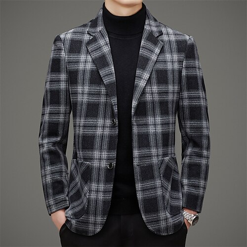 

Men's Casual Blazer Jacket Regular Standard Fit Checkered Single Breasted Two-buttons Black Brown 2022