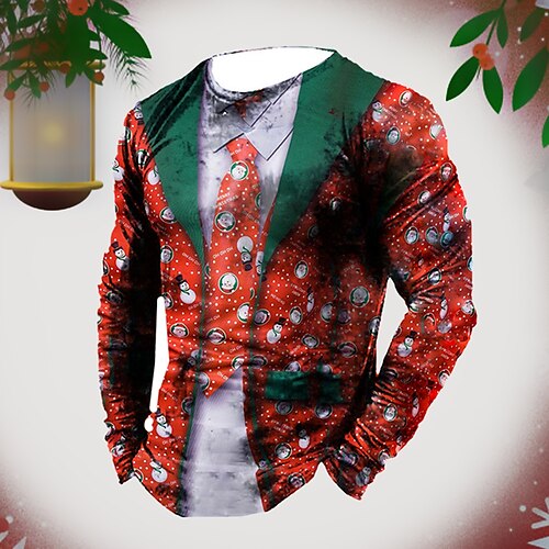 

Men's T shirt Tee Snowman Graphic Prints Crew Neck Blue Red 3D Print Outdoor Christmas Long Sleeve Print Clothing Apparel Basic Sports Designer Casual