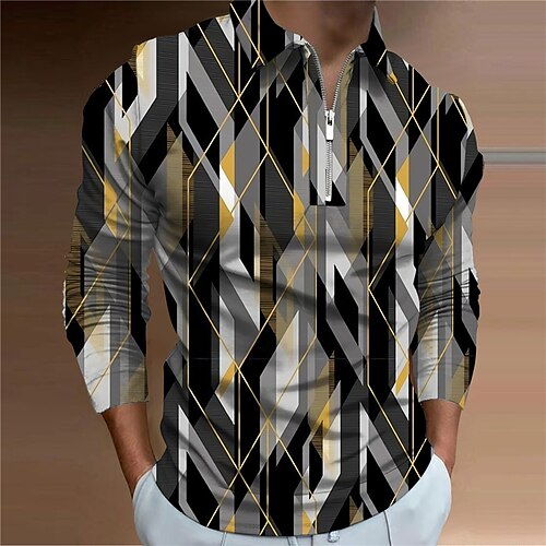 

Men's Polo Shirt Golf Shirt Abstract Graphic Prints Geometry Turndown Blue Yellow 3D Print Outdoor Street Long Sleeve Zipper Print Clothing Apparel Fashion Designer Casual Soft