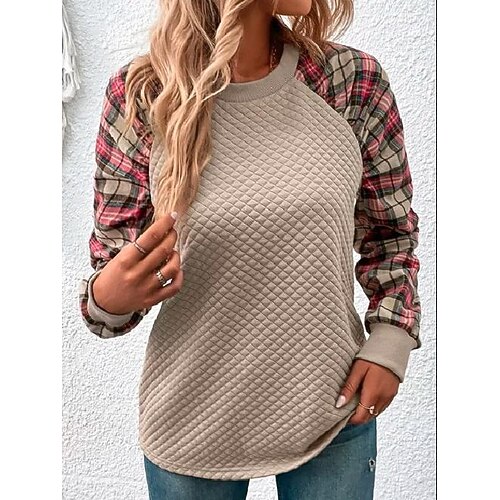 

Women's Sweatshirt Pullover Basic Black Pink khaki Plaid Street Round Neck Long Sleeve Cotton S M L XL 2XL