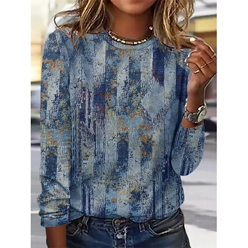 

Women's T shirt Tee Green Blue Khaki Geometric Patchwork Print Long Sleeve Casual Daily Vintage Round Neck Regular S