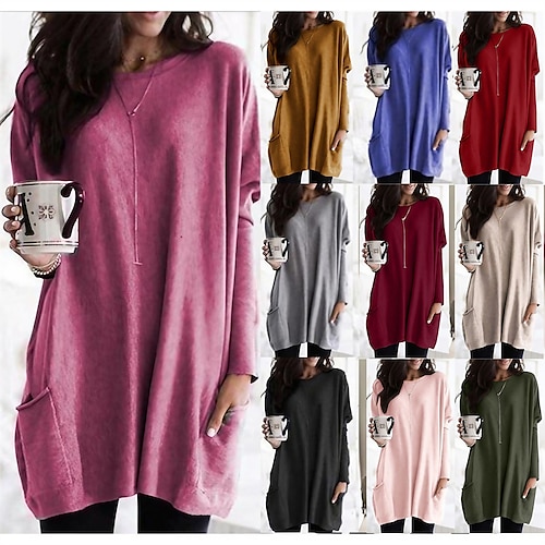 

Women's T shirt Tee Patchwork Pocket Solid / Plain Color Classic Round Neck Regular Spring & Fall Wine Red Darkblue Black White Yellow