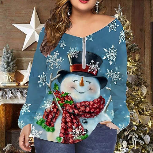 

Women's Plus Size Christmas Tops T shirt Tee Snowman Snowflake Zipper Print Long Sleeve V Neck Casual Festival Daily Cotton Spandex Jersey Winter Fall Blue Red