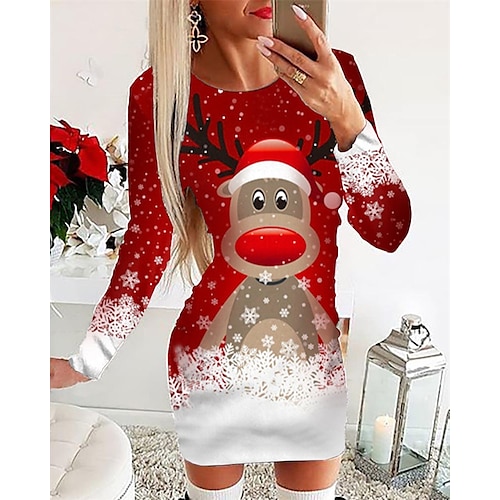 

Women's Christmas Casual Dress T Shirt Dress Tee Dress Bodycon Mini Dress Black Wine Dark Blue Long Sleeve Elk Print Winter Fall Autumn Crew Neck Christmas Vacation 2022 S M L XL 2XL