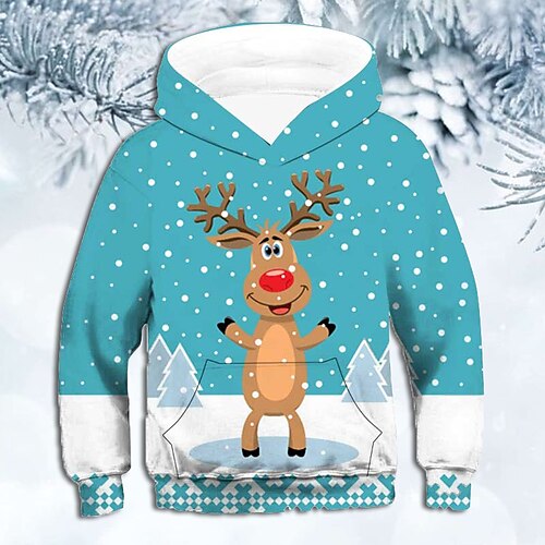 

Kids Boys Christmas Hoodie Pullover Graphic Elk Long Sleeve Pocket Children Top Outdoor Hoodie Active Cute Light Blue Winter 7-13 Years / Fall / Spring
