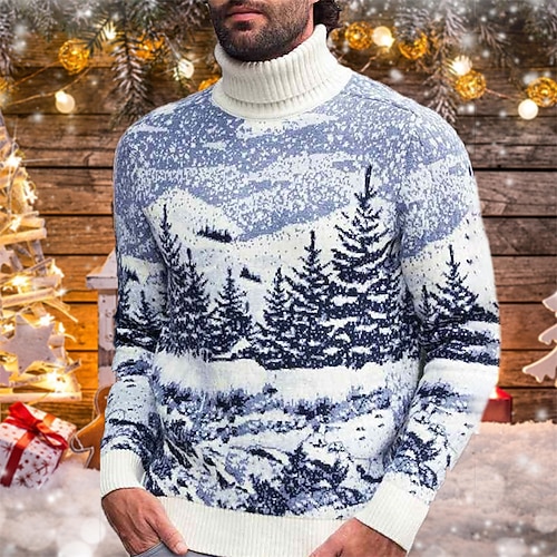 

Men's Sweater Ugly Sweater Pullover Ribbed Knit Cropped Knitted Christmas Tree Turtleneck Keep Warm Modern Contemporary Christmas Work Clothing Apparel Fall & Winter Blue Dark Green S M L