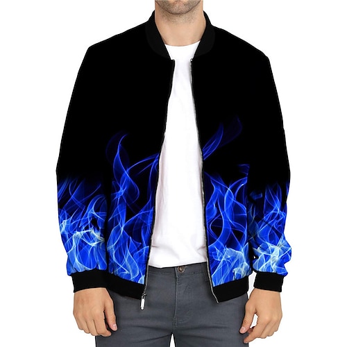 

Men's Coat Breathable Sports & Outdoor Zipper Flame 3D Printed Graphic Standing Collar Fashion Jacket Outerwear Long Sleeve Zipper Fall & Winter