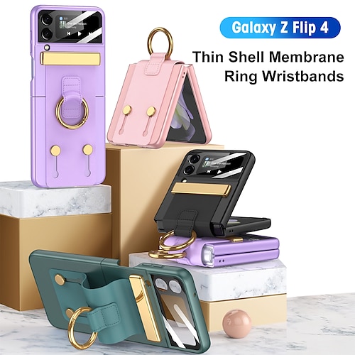 

Phone Case For Samsung Galaxy Flip Z Flip 4 and Screen Protector Ring Holder Four Corners Drop Resistance Solid Colored TPU