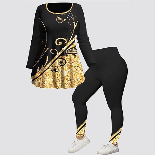 

Women's Plus Size Tops Set Floral Print Long Sleeve Crew Neck Casual Daily Going out Polyester Winter Fall Gold