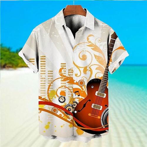 

Men's Shirt Graphic Prints Guitar Turndown Yellow Fuchsia 3D Print Outdoor Street Short Sleeves Button-Down Print Clothing Apparel Tropical Designer Casual Hawaiian