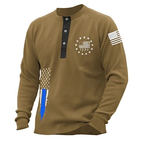 

Men's Henley Shirt Graphic Prints National Flag Henley Army Green Brown Gray Hot Stamping Street Sports Long Sleeve Button-Down Print Clothing Apparel Designer Casual Comfortable