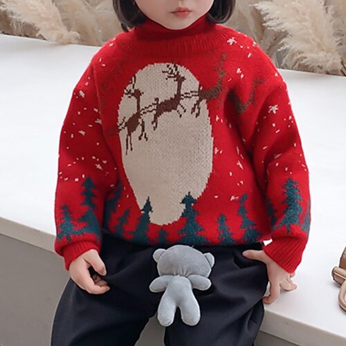 

Kids Girls' Christmas Sweater Elk Outdoor Long Sleeve Active 2-12 Years Winter Green Red