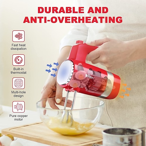 

Bear Red Mixer Electric Handheld for Whipping Dough Brownies Cream Cake & Cookies 5 Speed with Turbo Powerful Electric Hand Mixer with Storage Base 4 Stainless Steel Accessories Easy Eject