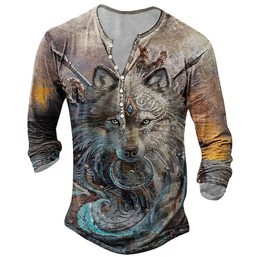 

Homme Chemise Henley Shirt T shirt Tee Tee Graphic Loup Henley Bleu Violet Jaune Gris 3D effet Extérieur du quotidien manche longue Bouton bas Imprimer Vêtement Tenue basique Design Classique