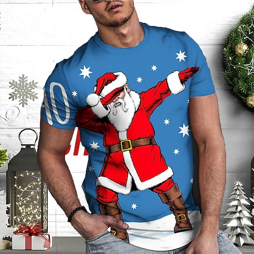 

Men's Unisex Christmas T shirt 3D Print Graphic Prints Santa Claus Print Short Sleeve Tops Casual Designer Big and Tall Blue / Summer