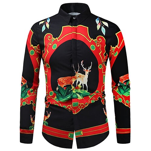 

Men's Shirt Animal Elk Graphic Prints Turndown Black 3D Print Christmas Street Long Sleeve Button-Down Print Clothing Apparel Fashion Designer Casual Soft