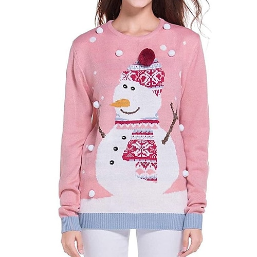 

Women's Ugly Christmas Sweater Pullover Sweater Jumper Ribbed Knit Knitted Snowman Crew Neck Stylish Casual Outdoor Christmas Winter Fall Pink S M L