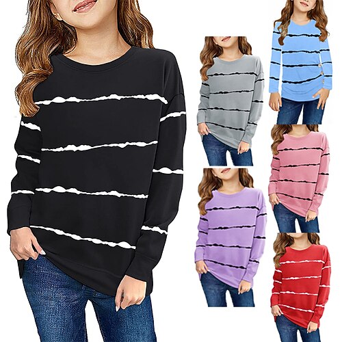 

Kids Girls' T shirt Stripe Casual Long Sleeve Active 7-13 Years Winter Black Blue Purple