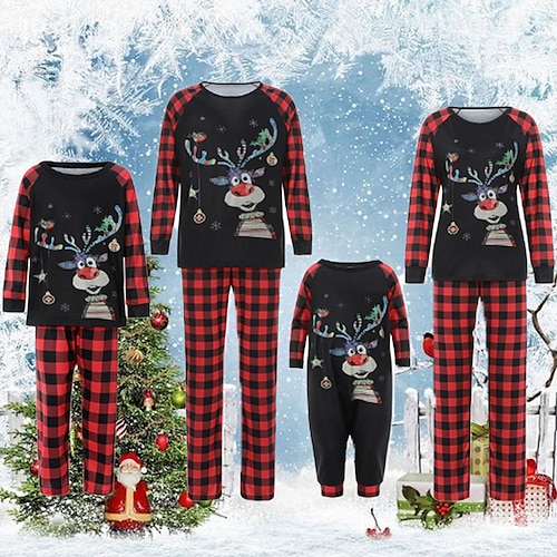 

Christmas Pajamas Ugly Family Set Plaid Deer Christmas pattern Christmas Gifts Print Red Long Sleeve Mom Dad and Me Active Matching Outfits Homes Fall Spring Casual