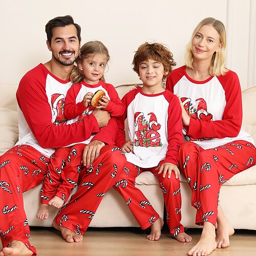 

Christmas Pajamas Family Graphic Color Block Letter Home Red Long Sleeve Basic Matching Outfits