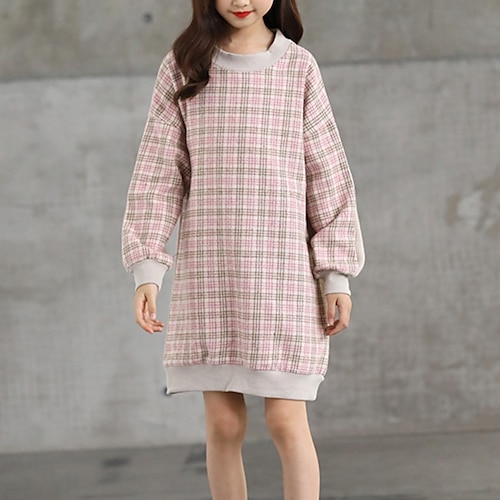 

Kids Girls' Dress Plaid Shift Dress Above Knee Dress Casual Crew Neck Long Sleeve Casual Dress 3-12 Years Winter Pink