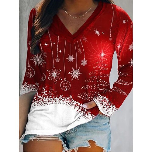 

Women's Plus Size Christmas Tops T shirt Tee Snowman Christmas Tree Print Long Sleeve V Neck Casual Festival Daily Polyester Winter Fall Blue Purple