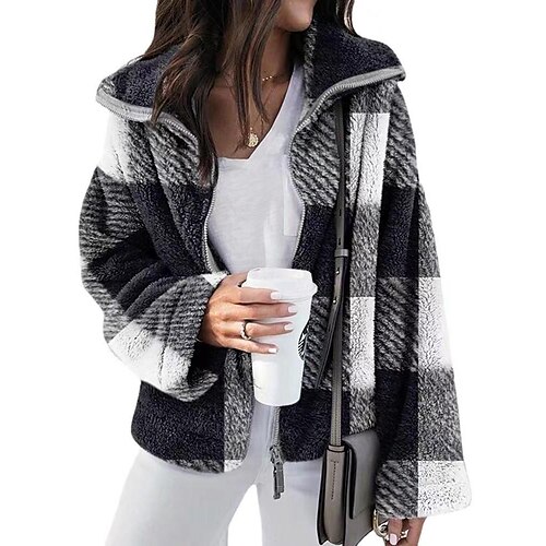 

Women's Fleece Jacket Sherpa Fleece Teddy Zip Up Black khaki White Plaid Street V Neck Long Sleeve Fleece S M L XL 2XL 3XL