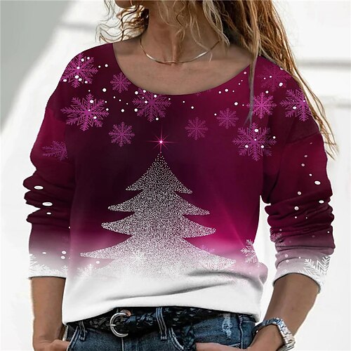 

Women's Plus Size Christmas Tops T shirt Tee Tree Print Long Sleeve Crewneck Casual Festival Daily Cotton Winter Fall Green Blue